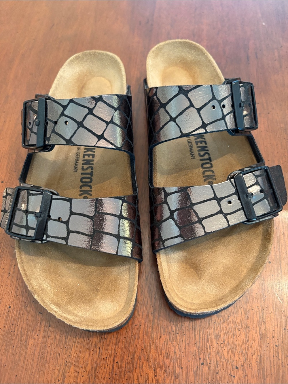 Birkenstock Arizona Metallic Croc-Print Dual Buckle Sandal - Picture 2 of 7